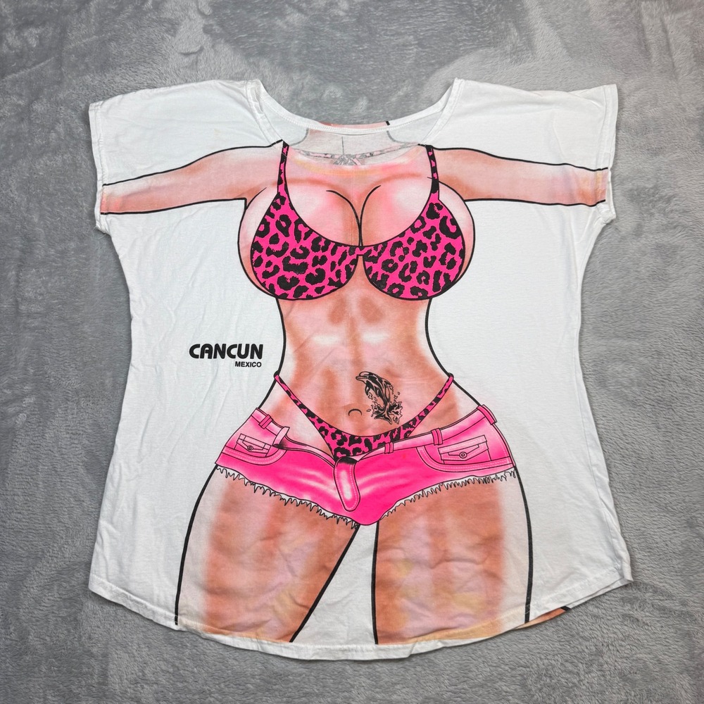 Bikini Body Graphic T-Shirt Womens XL White Cancun Mexico Souvenir Y2K